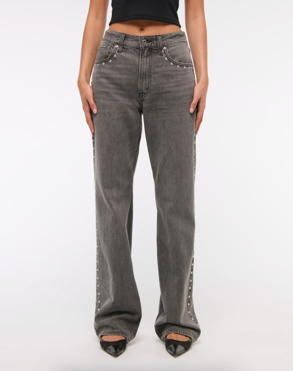 Abercrombie & Fitch High Rise Loose Jeans 25 Short Curve Love Gray Studded NWT